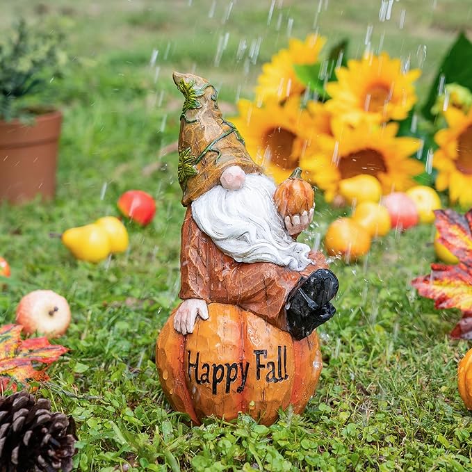 Topadorn Fall Garden Gnome Figurine Sitting on Pumpkin Statue Autumn Harvest Garden Gnomes Statue Figurine for Patio Yard Lawn Porch Decoration, Happy Fall-Ruum Studio Home