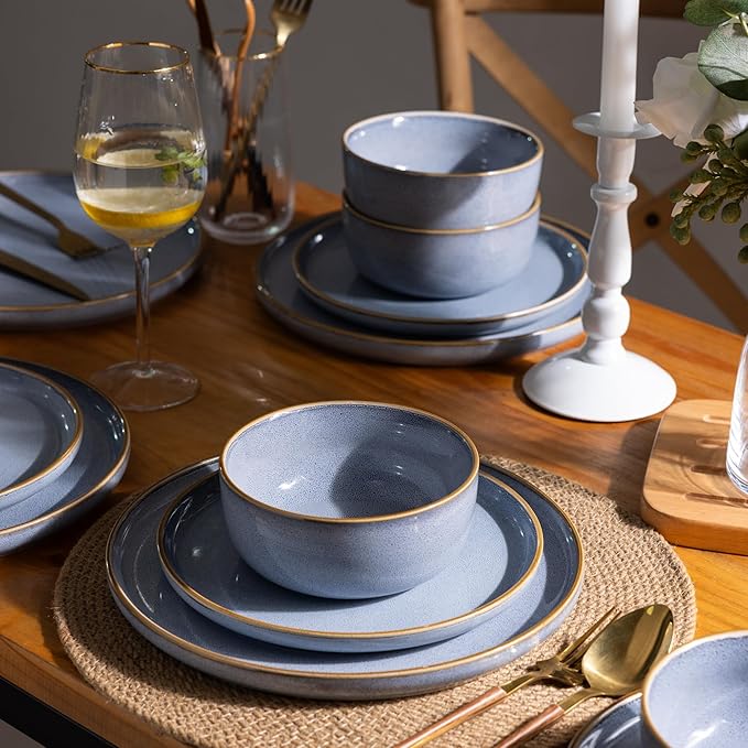GBHOME Ceramic Dinnerware Sets for 4, 12 Pieces Stoneware Plates and Bowls Sets, Scratch Resistant Dishe Set for Dinner, Dishwasher & Microwave Safe, Brunnera Blue-Ruum Studio Home