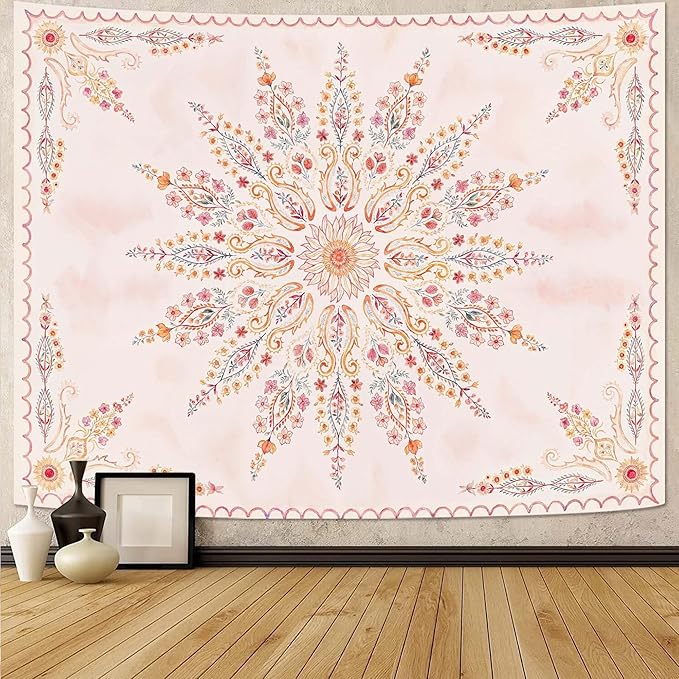 Fowocu Boho Floral Mandala Tapestry for Bedroom Aesthetic Pink Bohemian Flower Wall Tapestry Watercolor Hippie Indian Large Tapestries Wall Hanging for Living Room Dorm Decor 80 x 60 Inch-Ruum Studio Home