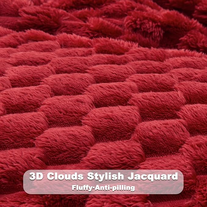 NEWCOSPLAY Super Soft King Blanket Red Premium Silky Flannel Fleece 3D Clouds Stylish Jacquard Lightweight Bed Blanket All Season Use 350GSM (Red, King(90"x110"))-Ruum Studio Home