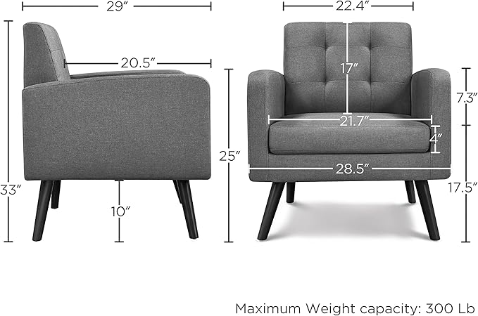 Yaheetech Mid-Century Accent Chairs, Modern Upholstered Living Room Chair, Cozy Armchair Button Tufted Back and Wood Legs for Bedroom/Office/Cafe, Set of 2, Gray-Ruum Studio Home