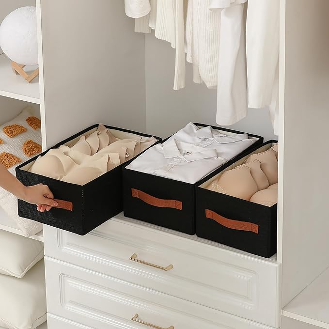 linen closet organizers and storage, 3 Pack Large Storage Baskets, Washable, Clothing Storage Bins with Handle, Closet Organizer for Storage Sweater,Sheets (Black, 16"x9½"x6¾")-Ruum Studio Home