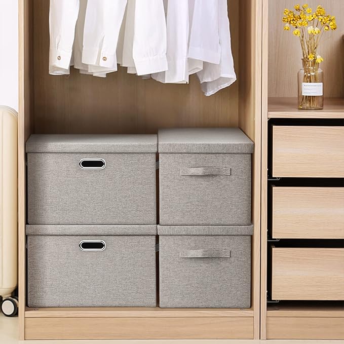 Large 17 36 Quart Collapsible Stackable Storage Bins with Lids, 1 Pack Beige Foldable Fabric Closet Storage Boxes with Lids, 4 Handles Toy Heavyduty Dark Gray Linen Storage Cube Box-Ruum Studio Home