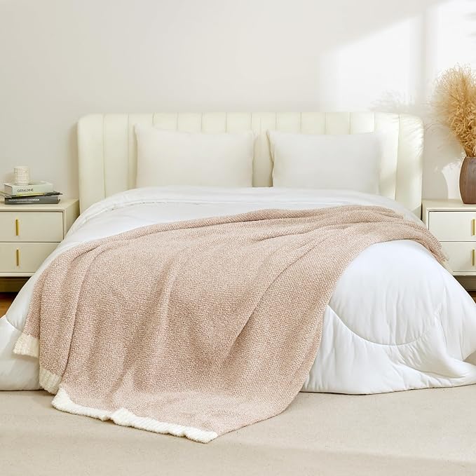 Snuggle Sac Heather Beige Throw Blanket for Couch, Ultra Soft Warm Blankets Cozy Knit Fuzzy Plush Lightweight Throw XL Size for Sofa, Bed, Heather Beige, 50x70 inches-Ruum Studio Home