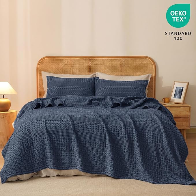 PHF 100% Cotton Waffle Weave Blanket Queen Size, Soft Lightweight Breathable Cozy Summer Blankets for Bed, Luxury Aesthetic Woven Bedding for Home Decor, 90"x90", Dark Navy-Ruum Studio Home