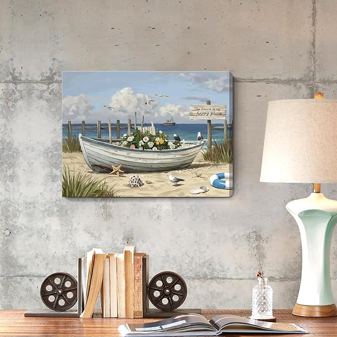 amatop Coastal Wall Art– Beach Scene Picture with Boat on Sandy Shore, Flowers and Sea Birds, Blue Ocean Seascape Themed Canvas Print Nautical Artwork for Bathroom and Bedroom Decor, Small 16x12 Inch-Ruum Studio Home