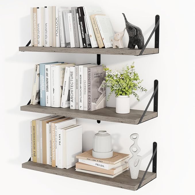 Heimlove Floating Shelves for Wall 24 Inches,8 Inches Deep Wall Bookshelf Mounted Display&Storage Wood Shelves for Kitchen Bathroom Laundry Living Room,Set of 3 (Silver Grey)-Ruum Studio Home
