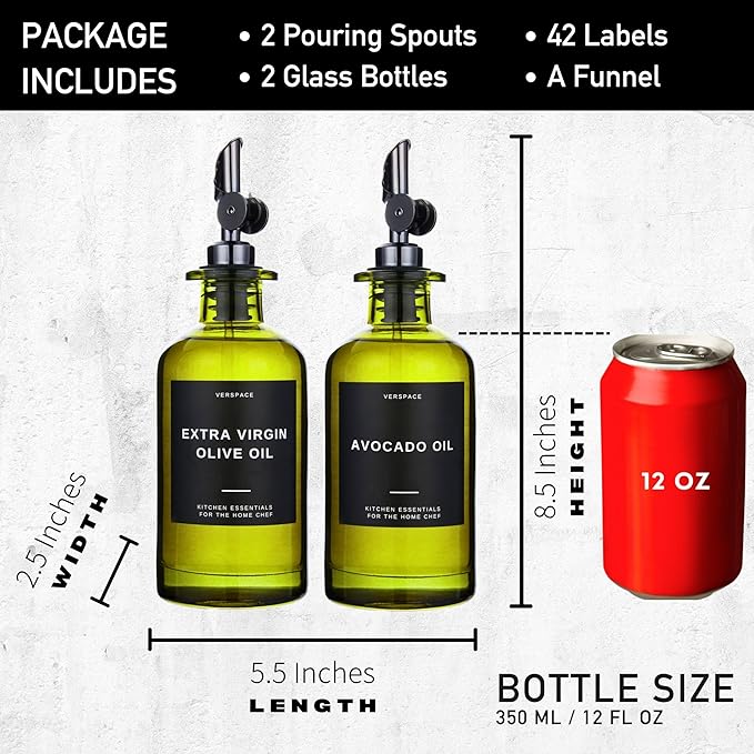 Green Glass Olive Oil Dispenser Bottle For Kitchen By Verpsace,Avocado Oil Dispenser Set, Modern Decor, Gold Kitchen Accessories for Home, Airbnb, Cafe (Black, Set of 2)-Ruum Studio Home