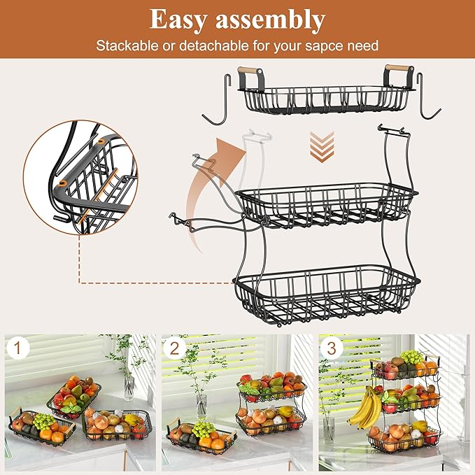 3 Tier Fruit Basket for Kitchen Counter, Fruit Bowl with 2 Banana Hooks Mesh Top, Multifunctional Detachable Sturdy Kitchen Storage Organizer for Vegetables Snacks Onion Potato, Black-Ruum Studio Home