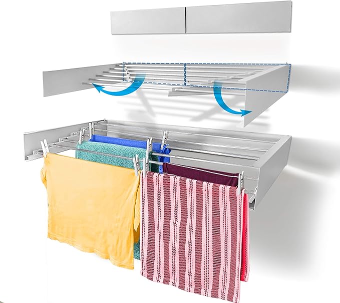 Step Up Laundry Drying Rack, Wall Mounted, Retractable Clothes Drying Rack, 60lbs Capacity, 20 Linear Ft, with Wall Template and Long Screwdriver Bit (40" White)-Ruum Studio Home
