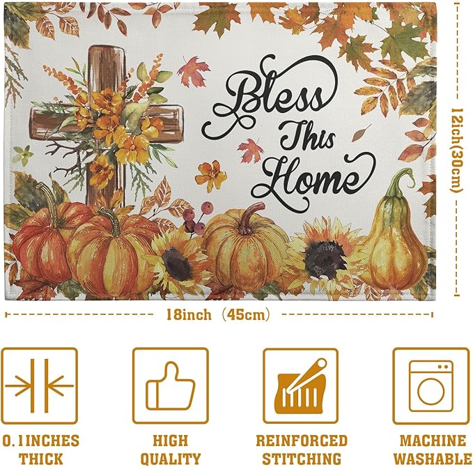 Fall Cross Pumpkin Placemats Set of 4 Autumn Thanksgiving Harvest Sunflower Maple Leaf Orange Linen Table Mats Seasonal Farmhouse Decorative Place Mat for Party Kitchen Dining Decor-Ruum Studio Home