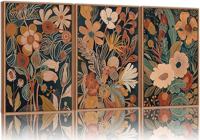 Tinonedraw Vintage Burnt Orange Floral Framed Canvas Wall Art Set of 3, Boho Chic Flower Artwork, Mid Century Modern Plant Wall Decor, Colorful Neutral Botanical Art Prints for Bedroom Living Room Office 16"x24"-Ruum Studio Home