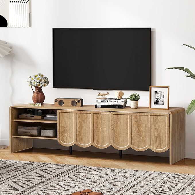 ORRD 63'' TV Stand, Modern TV Console Table Wave Panel Television Stands Entertainment Media Center with Storage Compartment and Sliding Door for Living Room (Natural)-Ruum Studio Home