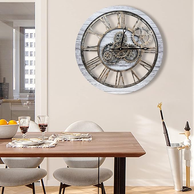 The B-Style Large Wall Clock 24 inch Moving Gear Wall Clock Oversized Vintage Farmhouse Wall Clocks for Living Room Decor Rustic Industrial Wood Clock (Silver Gray and Bronze)-Ruum Studio Home