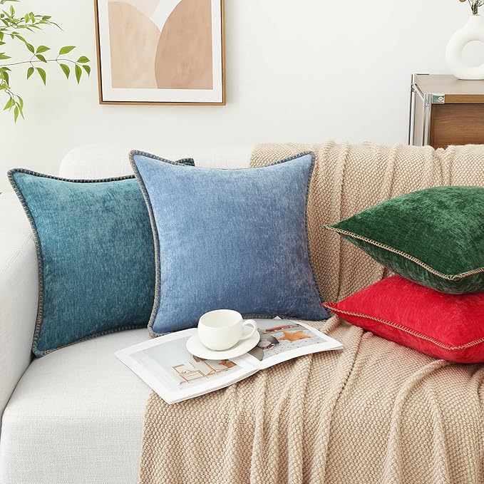 decorUhome Chenille Soft Throw Pillow Covers 12x20 Set of 2, Lumbar Velvet Farmhouse Neutral Decorative Euro Pillow Covers with Stitched Edge for Couch Sofa Bed Home Decor, Blue-Ruum Studio Home