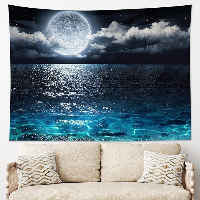 LB Night Sky Ocean Tapestry Full Moon on Sea Tapestry Wall Hanging Fantasy White Cloud Watercolor Wall Art for Bedroom Living Room Dorm Wall Decor, 59Wx51H inches-Ruum Studio Home