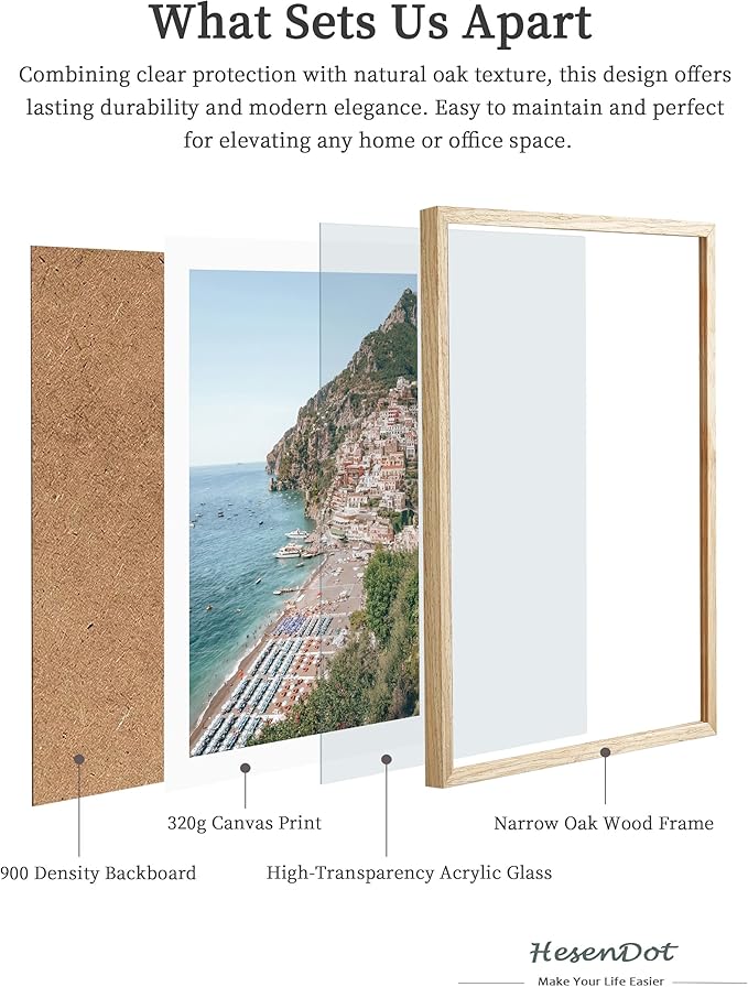 HesenDot Natural OAK Wood Framed Italian Positano Beach Wall Art,12x16in Amalfi Coast Canvas Wall Print,Summer Coastal Landscape Poster Wall Decor for Living Room,Bedroom,Office Gallery Set of 1-Ruum Studio Home