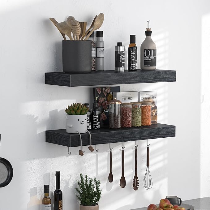 Fun Memories Floating Shelves - 16 Inch Rustic Black Wall Shelf - Wall Mounted Shelves for Wall Decor Storage - Wooden Shelves with Invisible Brackets for Living Room, Bedroom, Kitchen, 2 Pack-Ruum Studio Home