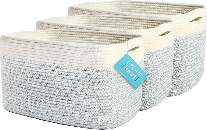 OrganiHaus Set of 3 Woven Storage Baskets for Organizing, Cotton Rope Organizer Bins for Shelves, Closet & Nursery, Dog Toy Basket, Decorative Bins for Toys, Towels & Books - 15x10x9, Blue/Off-White-Ruum Studio Home