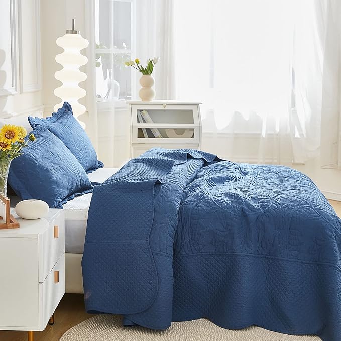 MarCielo 3-Piece 100% Cotton Oversized Bedspread Lightweight Quilt Coverlet Embroidery Farmhouse Bedding Set T0 (Midtone Blue, Oversized Queen (100"x106"))-Ruum Studio Home