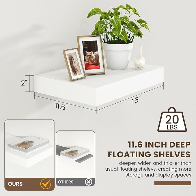Deep Floating Shelves for Wall | 12 Inch Deep White Floating Shelves Set of 2 | 16W x 12D Rustic Wood Wide Wall Shelves | Bookshelf Laundry Shelf TV Shelf-Ruum Studio Home