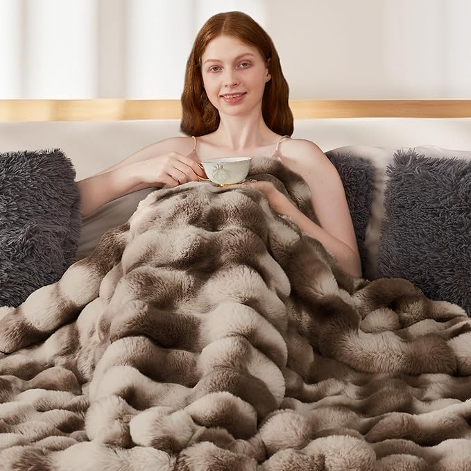 Touchat Luxury 1000GSM Rabbit Faux Fur Blanket, Super Heavy Warm Cozy Brown Blankets for Couch Bed Sofa, Ruched Plush Fuzzy Elegant Soft Reversible Mink Blanket for Living Room Bedroom, 60" x 80"-Ruum Studio Home