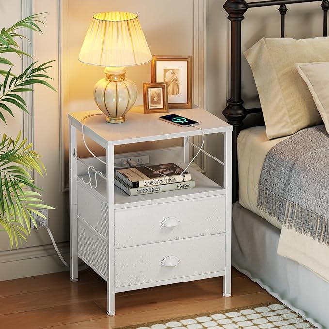 Furologee Night Stand with Charging Station, Bedside Table with Fabric Drawers, End Table with USB Ports & Outlets, White Nightstand with Storage Shelf & Hooks, for Living Room/Bedroom, White-Ruum Studio Home