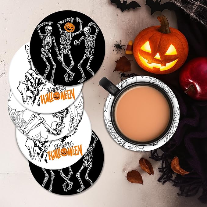 Coaster for Drinks Set of 6, Happy Fall Absorbent Round Ceramic Stone Mat, with Cork Base and Metal Holder-Ruum Studio Home
