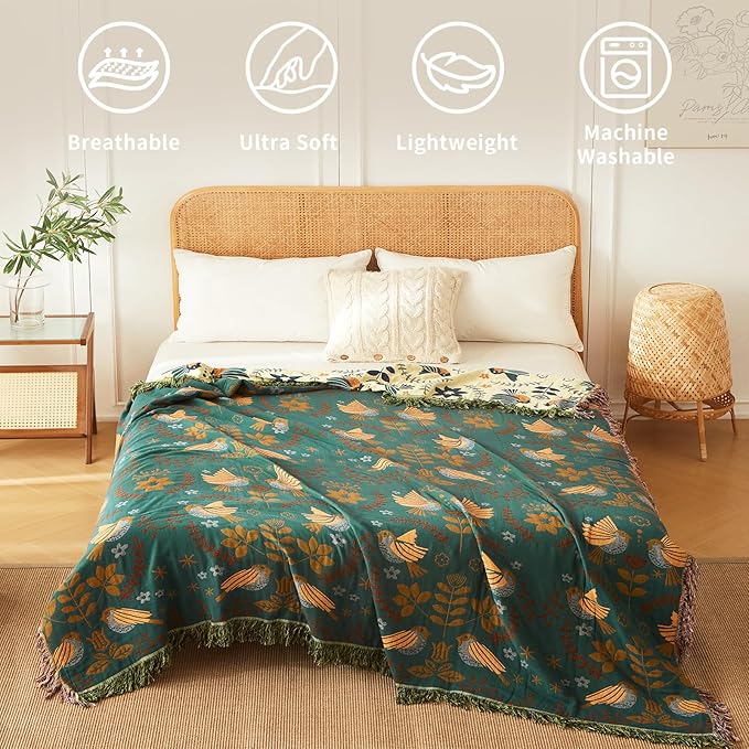 Luxury Throw Blanket Cotton Muslin Throw Blanket for Couch Breathable Floral Blanket Throw for Sofa Couch Chair Home Decoration (80"x90",01-Cute Bird)-Ruum Studio Home