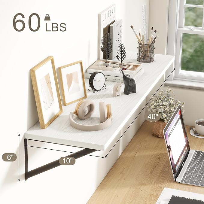 Fun Memories 40 Inch Floating Shelves, 10 Inch Deep Wall Shelf, 40 x 10 Floating Shelf Set of 2, White Wood Floating Shelf Wall Mounted, Large Kitchen Living Room Bedroom Storage Shelves-Ruum Studio Home