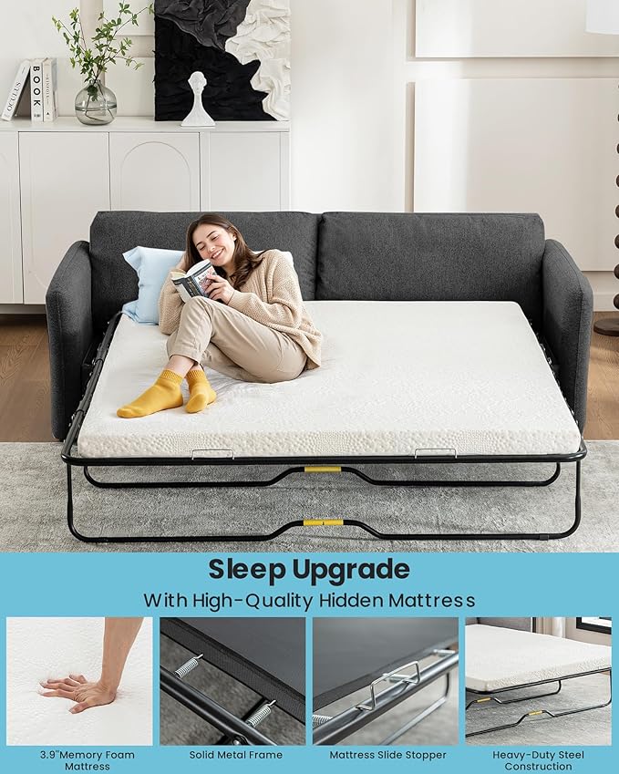 Queen Size Pull Out Sofa Bed, Convertible Sleeper Sofa Couch with Pullout Bed, 2 in 1 Sofa Bed Couch with Memory Foam Mattress for Living Room Office, Space-Saving, Dark Grey-Ruum Studio Home