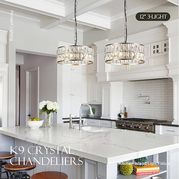 12” 3-Light Modern Crystal Chandeliers Nickel Dinning Room Light Fixture, Round Pendant Light Kitchen Island Chandelier, Flush Mount Ceiling Light for Living Room Entryway Bedroom Foyer-Ruum Studio Home