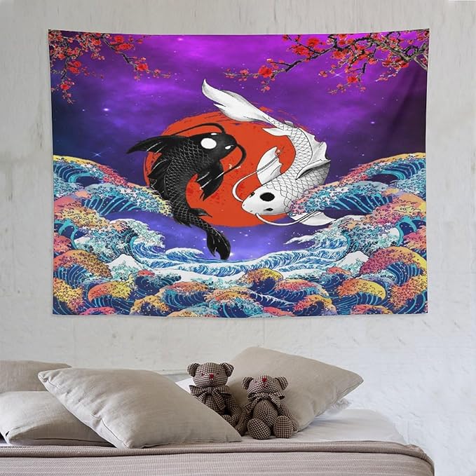 Houselerax Japanese Koi Fish Tapestry, Yin Yang Big Wave Cherry Blossom Tapestries Wall Hanging for Bedroom Living Room Office Decor 80"x60"-Ruum Studio Home