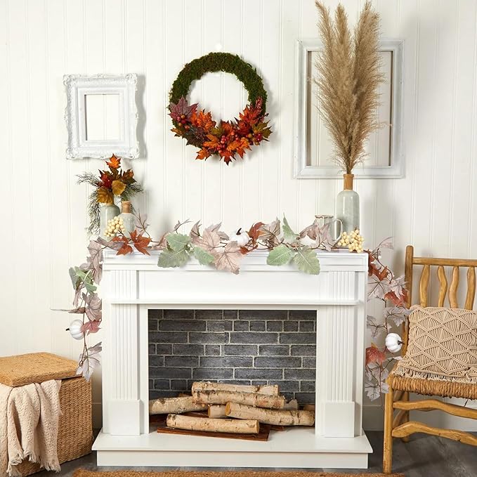 Lvydec Fall Maple Leaves Garland Decoration - 5.8ft Artificial Fall Foliage Garland with White Pumpkins Autumn Decor for Halloween Thanksgiving Home Table Decor (White)-Ruum Studio Home