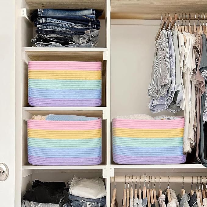 Shelf Baskets for Organizing, Woven Storage Basket for Shelves，Cotton Rope Storage Bins for Toys Books, Nursery Towel Baskets for Classroom, 14.96"X9.8"X8.85", 3-Pack Pastel Rainbow-Ruum Studio Home
