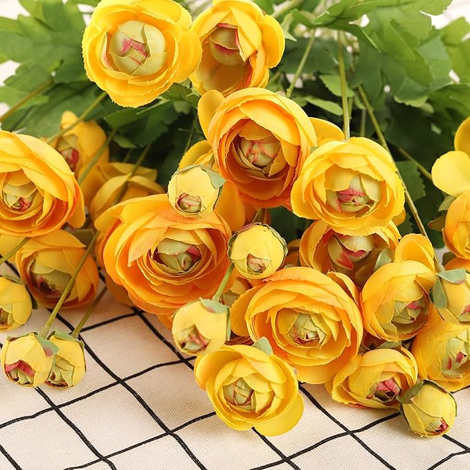 Artificial Silk Flowers Persian Buttercup Heavy Color Ranunculus Flower 5 Pcs,Suitable for core Decoration,Wedding Floral Creation,Flower Arrangement DIY Project,Interior Decor（Yellow）-Ruum Studio Home