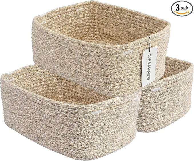 Small Woven Storage Baskets 12“X8”X5“ Decorative Rope Bins for Organizing Shelves, Closets, and Toys, Empty Gift Baskets, Cute Organizer Basket for Home and Office (oatmeal, regular)-Ruum Studio Home
