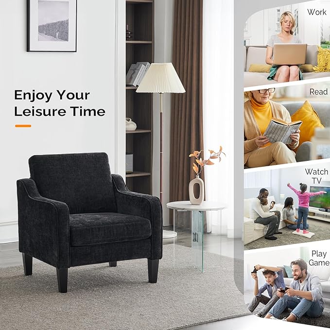 VINGLI Mid Century Modern Accent Chairs, Black Soft Chenille Reading Chair Upholstered Armchair Side Chairs Sofa Couches for Living Room, Bedroom, Apartment-Ruum Studio Home