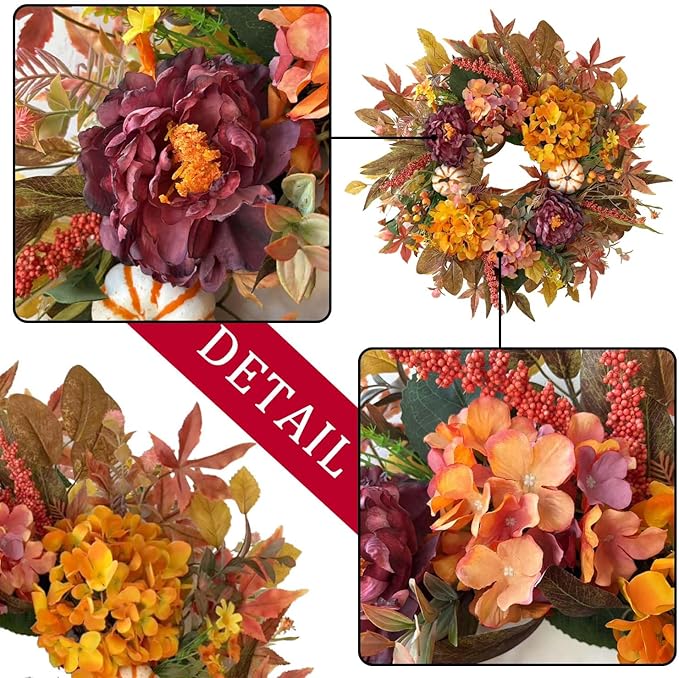 WANNA-CUL 24 Inch Fall Wreaths for Front Door with Hydrangea,Peony and White Pumpkins-Fall Decorations for Home, Fall Door Wreath Decor for Autumn,Harvest, Halloween or Thanksgiving-Ruum Studio Home