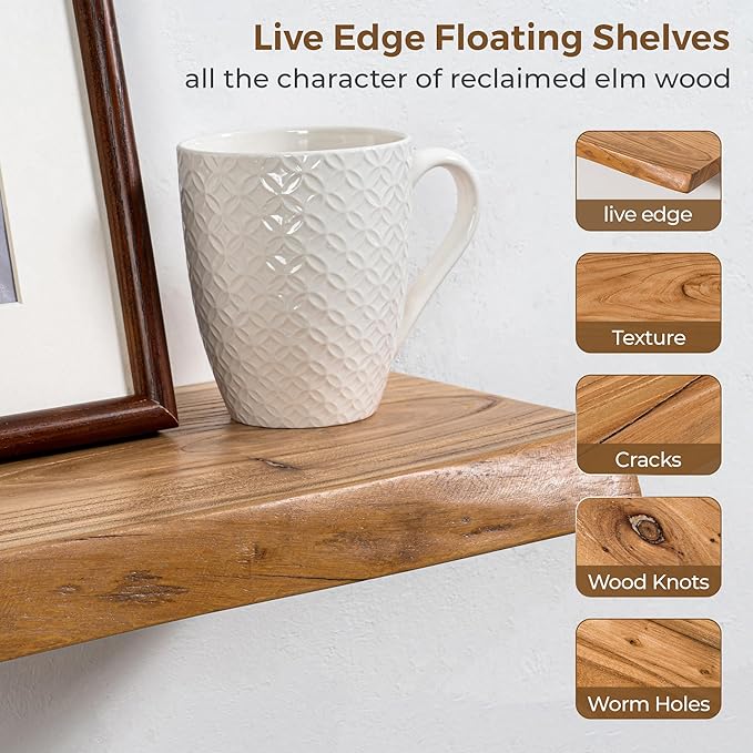 Axeman 24 inch Floating Shelves for Wall - 8'' D Live Edge Rustic Solid Elm Wood Floating Shelves Wall Mounted, Wall Shelves with Invisible Bracket for Living Room Bedroom Kitchen, Set of 2 Natural-Ruum Studio Home