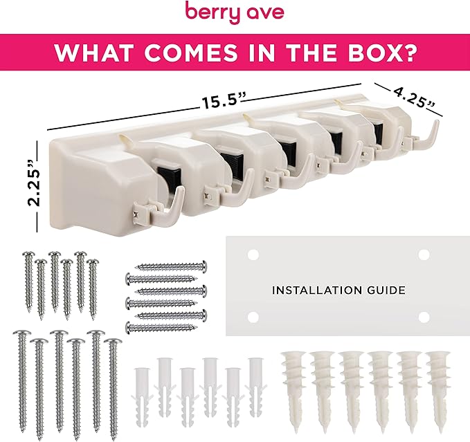 Broom Holder Wall Mount and Garden Tool Organizer, Closet Storage, Kitchen Rack, Home Organization and Garage Organizer for Rake or Mop Handles Up to 1.25-Inches, Hanger Plus 6 Hooks (BEIGE, 1 PACK)-Ruum Studio Home