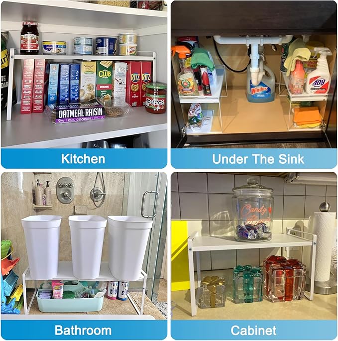 11'' Wide Expandable Cabinet Shelf Organizer Rack Adjustable Length 14''-26'' Pantry Shelf Spice Rack Heavy Duty Nonslip Kitchen Counter Storage Shelves Pantry Cupboard Under Sink Countertop White-Ruum Studio Home