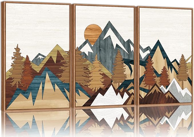 SIGNINART Vintage Mountain Framed Canvas Wall Art Set, Boho Sunrise Art Prints, Forest Nature Wilderness Art Paintings, Modern Farmhouse Woodcut Style Wall Decor for Living Room Bedroom, Office 16"x24"x3-Ruum Studio Home