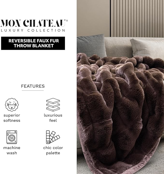 Mon Chateau Premium Reversible Luxury Faux Fur Throw for Couch, Sofa, or Bed - Plush Cozy Soft Blanket for Sleeping or Home Décor, 60" x 70" (Brown)-Ruum Studio Home
