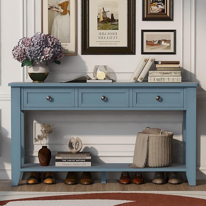 Farmhouse Modern Entryway Console Table 55.4'' Long Entry Sofa Table with Drawers & Storage Shelf for Living Room Hallway, Blue-Ruum Studio Home