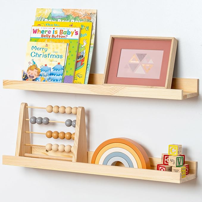 Picture Ledge Shelf for Wall, 24 inch Solid Pine Wood Nursery Book Shelves 2 Packs, Floating Ledge Shelves for Kids' Room Bedroom Bathroom Living Room Photo Frames Office Nursey Wall Decor, Natural-Ruum Studio Home