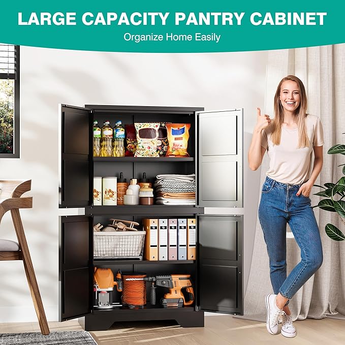 SISESOL Black Storage Cabinet with 4 Doors and 2 Adjustable Shelves,Farmhouse Food Pantry Cabinets,Small Bathroom Cabinet,4 Tier Metal Storage Cabinets for Home Kitchen,Dining/Living/Laundry/Room-Ruum Studio Home