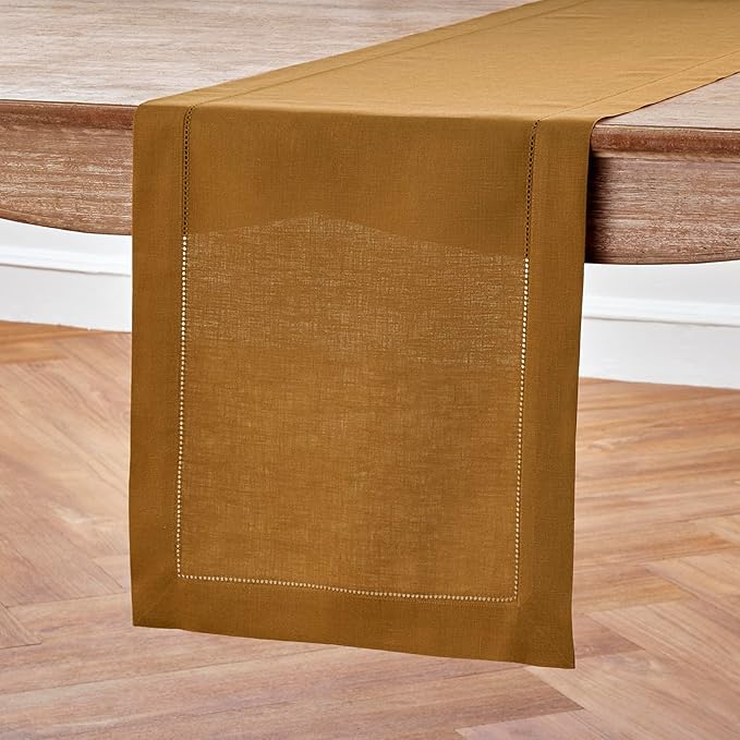 Solino Home Linen Brown Sugar Table Runner 108 Inches Long - 100% Pure Linen 14 x 108 Inch Table Runner for Fall, Autumn, Thanksgiving - Classic Hemstitch-Ruum Studio Home