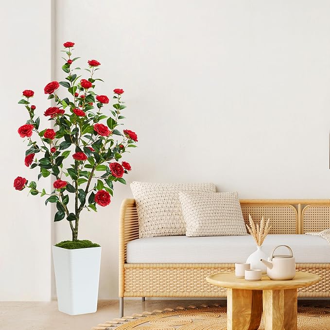 Artificial Camellia Tree 5FT Faux Trees Indoor Fake Floral Plant Blooming Tree with Red Flowers & White Tall Planter, Faux Camellia Plants for Porch Home Room Bedroom Office Front Door Outdoor Decor-Ruum Studio Home