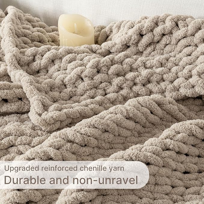 Chunky Knit Blanket Throw, 100% Hand Knit Throw Blanket Handmade Chenille Cable Knit Throw for Couch, Stylish Cozy Soft Rope Knot Crochet Blanket for Home Decor, Beige Linen, 40x50 Inches-Ruum Studio Home